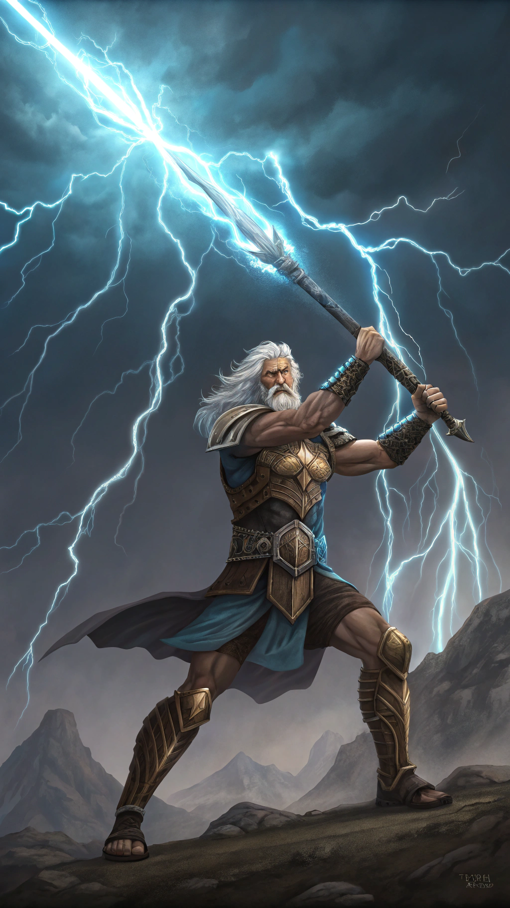 AI generated image by Red Panda AI: Hyper-realistic full body shot of Zeus in battle stance, dual-wielding massive lightning bolts crossed in front of him, intense electric blue energy with white-hot cores forming an X, combat-ready muscular figure in dynamic pose, powerful man 45-50, battle-worn white-silver hair and beard crackling with energy, fierce electric blue eyes with battle focus, Olympian physique in armored Greek chiton with golden breastplate, warrior's belt with thunderbolt emblems, battle-damaged laurel crown, lightning creating combat aura, electricity forming shield patterns around body, war clouds gathering in vortex, Mount Olympus battlefield visible in background, dramatic war lighting with multiple lightning strikes, epic battle scene composition --ar 9:16 --stylize 1000 --v 5.2 --q 2 --chaos 30