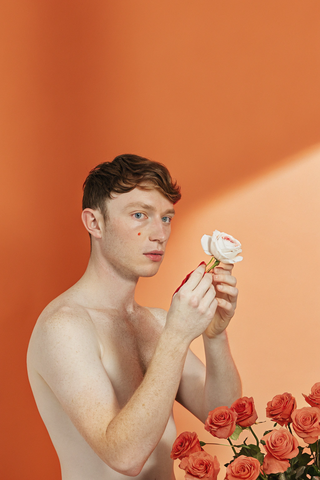 AI generated image by Red Panda AI: Caucasian white male. Short wavy hair on the sides, heterochromia, one blue eye and one brown eye. In the middle, a white rose stained with blood that he holds in his hands. With a look of broken innocence. Naked. Blue light on the right while standing on top of red roses. Red light on the left. Light coming from bottom to top