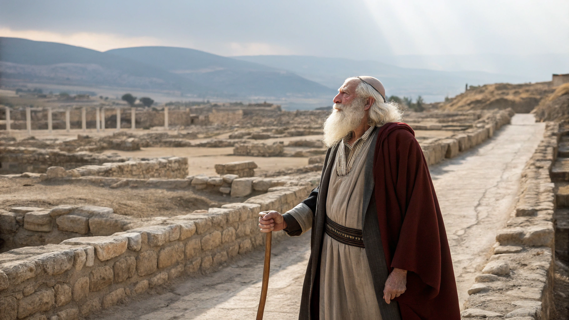 AI generated image by Red Panda AI: Crear una imagen del Profeta Moisés, con barba blanca. anciano, en medio de una ciudad de palestina del año 2500 a.C. La imagen está viendo de frente.