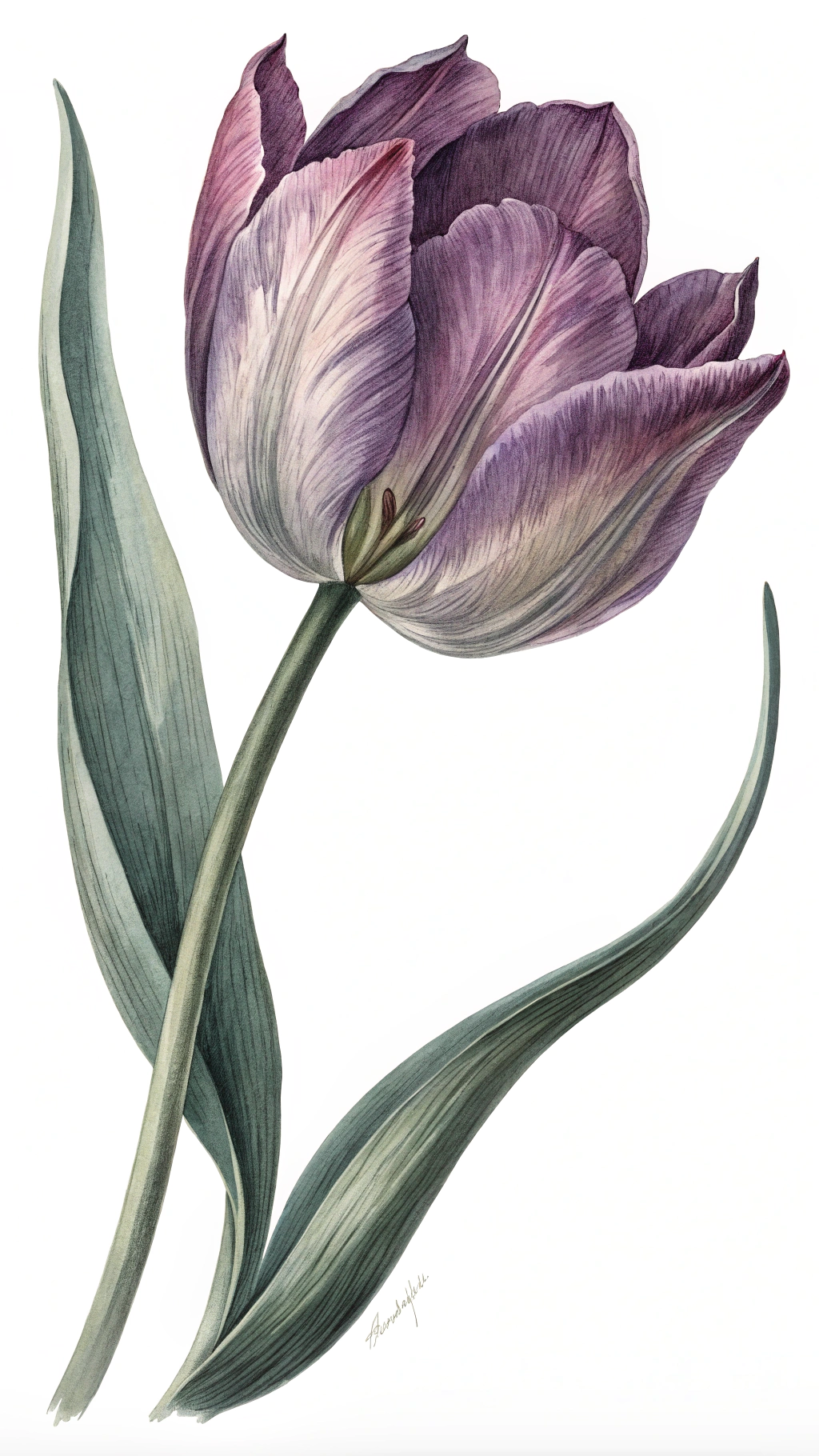 AI generated image by Red Panda AI: Un tulipan de estilo elegante y detallado, con petalos suaves y sutiles sombras que le dan un toque de realismo. Los petalos de un color purpura vibrante, con variaciones en el tono para dar profundidad. El tallo largo y delgado, en un tono verde oscuro con un toque gris o marron para dar dimension. A lo largo del tallo una hoja alargada y fina de un verde fresco