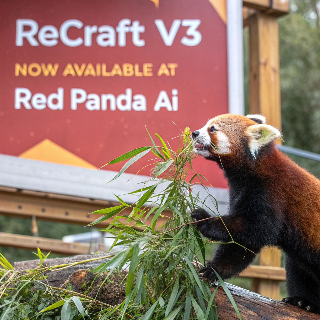 AI generated image by Red Panda AI: a red panda eating a bamboo in front of a poster that says "recraft V3 now available at red panda ai