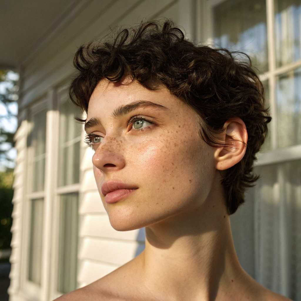 AI generated image by Red Panda AI: smooth skin that shines in the sunlight, 3 small moles positioned diagonally on her right cheek,wheatish skin and dark chestnut short curly hair, the lighting is soft and creates soft shadows that enhance the contours of the face, a natural environment where sunlight originates and reflects on her face. An environment with windows showing the white curtains of the house,slightly slanted green eyes and hyper-realistic finish