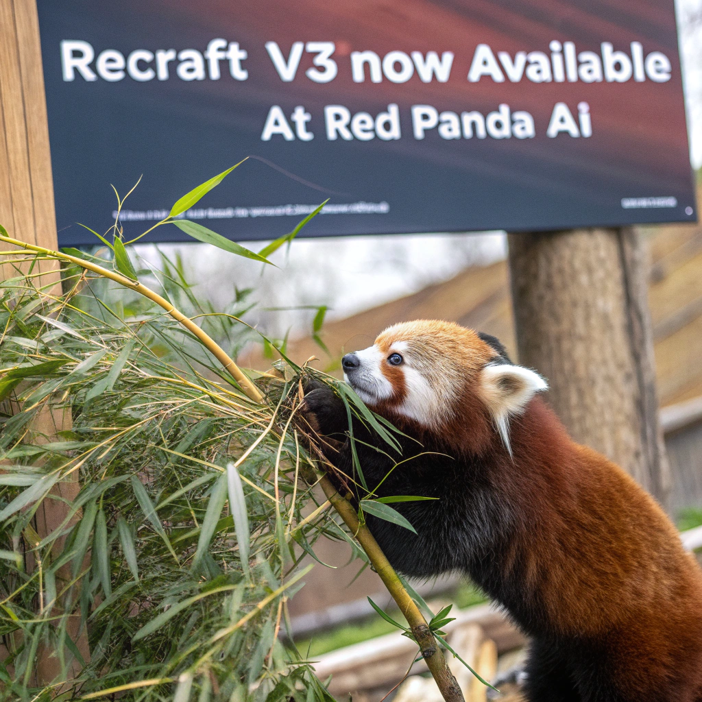 AI generated image by Red Panda AI: a red panda eating a bamboo in front of a poster that says "recraft V3 now available at red panda ai