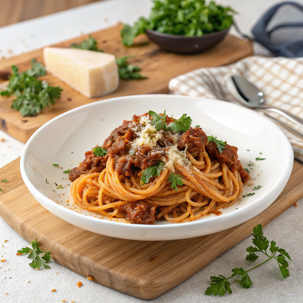 AI generated image by Red Panda AI: A plate of minced beef spaghetti on a white plate, then placed on a wooden cutting board. Middle angle photo