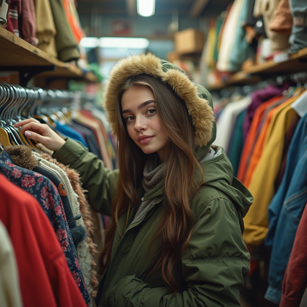 AI generated image by FLUX.1-pro: vibrant image in a vintage clothing store. young women with long brown hair, green parka, searching for clothes an a clothing rail. standing between different clothings racks.