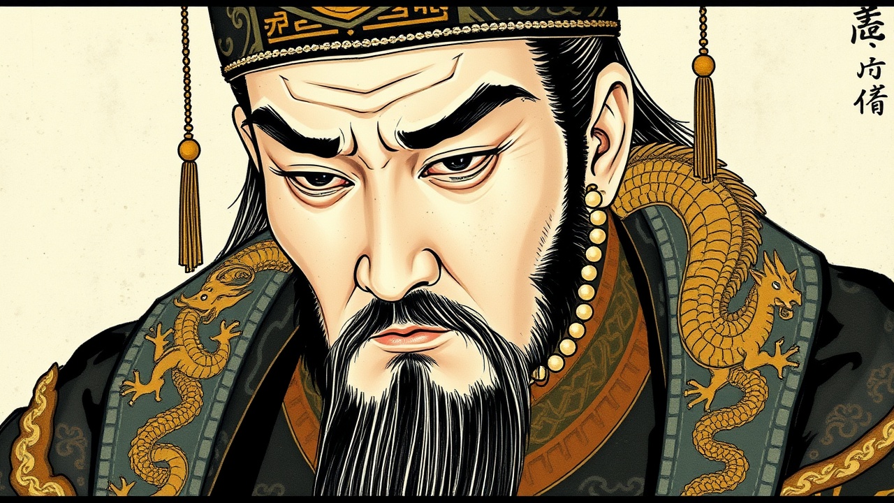 AI generated image by FLUX.1-schnell: A close-up portrait of a Song Dynasty emperor, wearing a luxurious imperial dragon robe adorned with intricate golden dragon patterns. He dons an emperor's crown, with hanging pearls gently swaying. His expression is solemn, with a faint hint of weariness and concern, and his deep eyes convey a sense of contemplation. The artwork is rendered in traditional Chinese ink painting style, with delicate brushstrokes. The palette features soft ink tones with subtle touches of gold to highlight the majesty of the royal figure and evoke a sense of historical grandeur.
