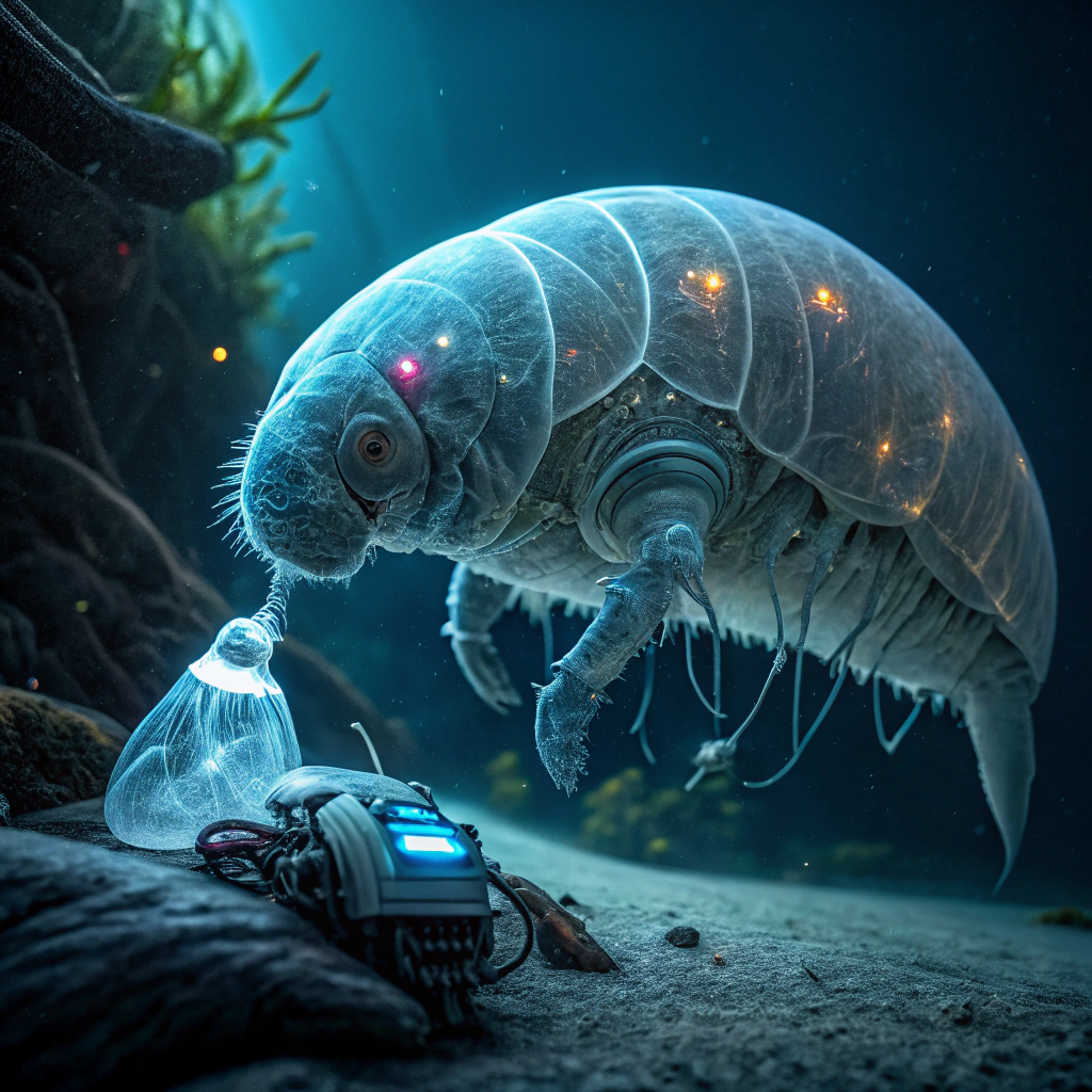 AI generated image by Red Panda AI: jelly tardigrade implanting a robot brain in to a cyborg manatee