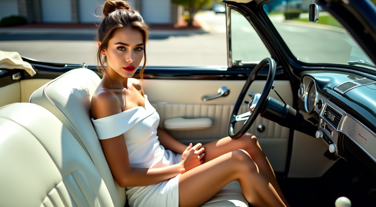 AI generated image by FLUX.1-pro: Parking lot on a bright sunny day. Lots of light. A beautiful very petite young caucasian woman 30 years old is sitting in the front seat behind the steering wheel of a black 1948 chevrolet convertible with the top down. The car has white leather seats and white carpet on the floorboard. The woman has long brown hair gathered in a bun, brown eyes, pale skin red lipstick and eye makeup, Serious expression. She is wearing a tight-fitting white off-shoulder minidress hemmed above the knee. Suede white ultra high heel wedge slides with a pink flower on the vamp. Feet on the floorboard. Camera positioned to the right and slightly behind the woman. Legs resting on the seat. Full body shot with focus on the feet.