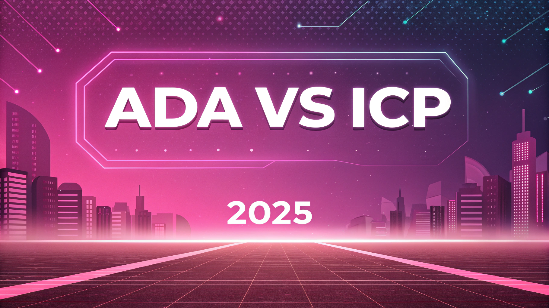 AI generated image by Red Panda AI: Futuristic banner for a blogpost, with fintech sci-fi pink colors and fintech background in a tech article style. Big title "ADA vs ICP" and small title "2025"