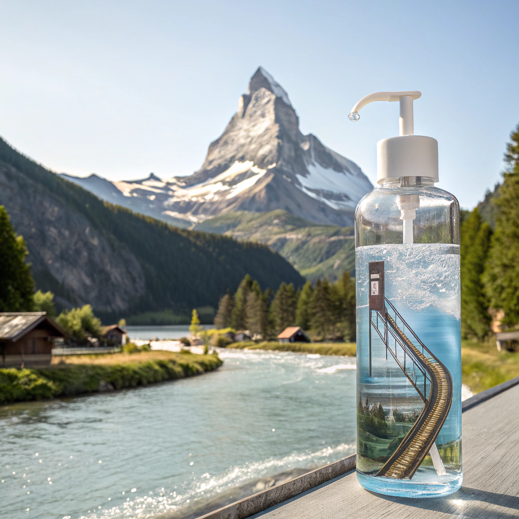 AI generated image by Red Panda AI: It generates a bottle of water with slide attached to the nozzle and a mountain in the background and a river below.