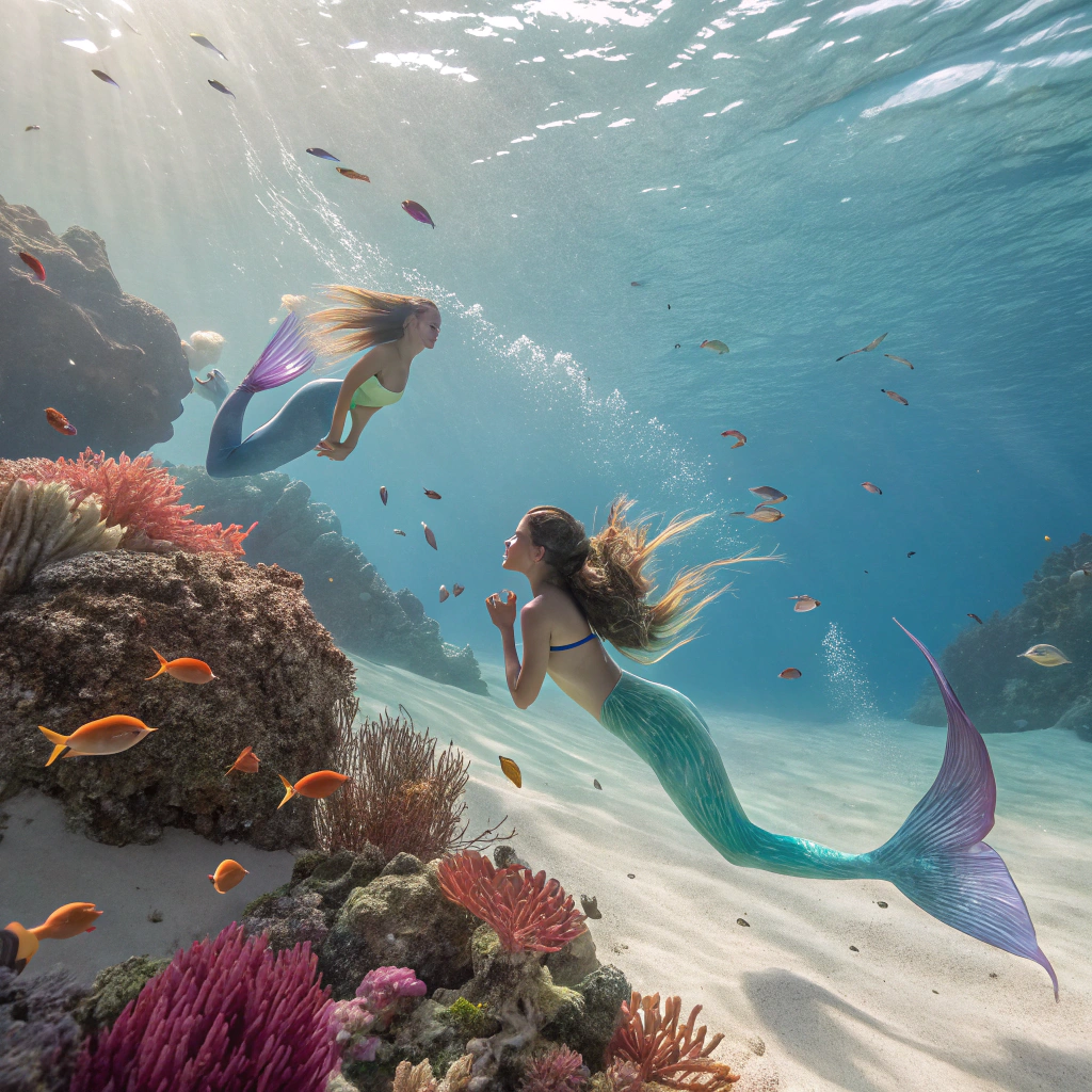 AI generated image by Red Panda AI: Mermaids playing in the bottom sea