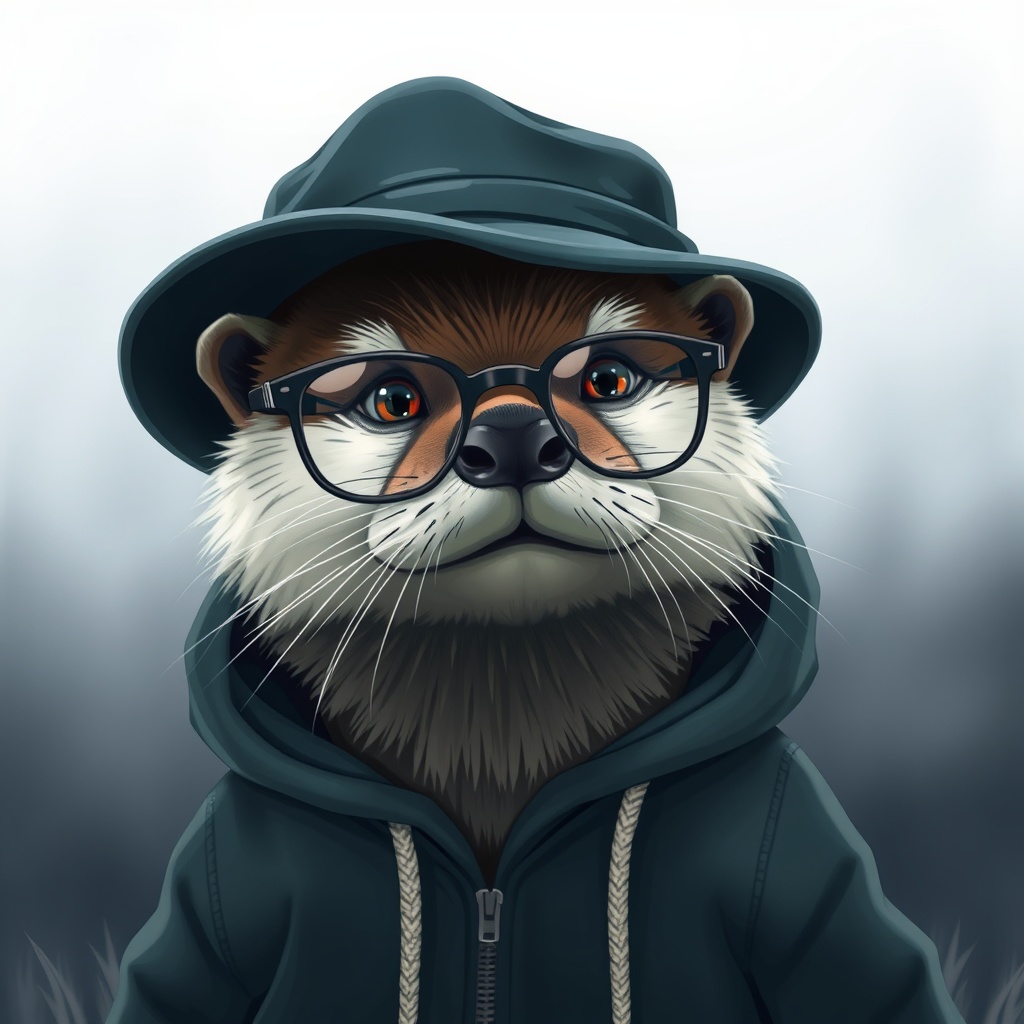 AI generated image by FLUX.1-schnell: The anthropomorphic otter wearing glasses is wearing a hoodie and a hat