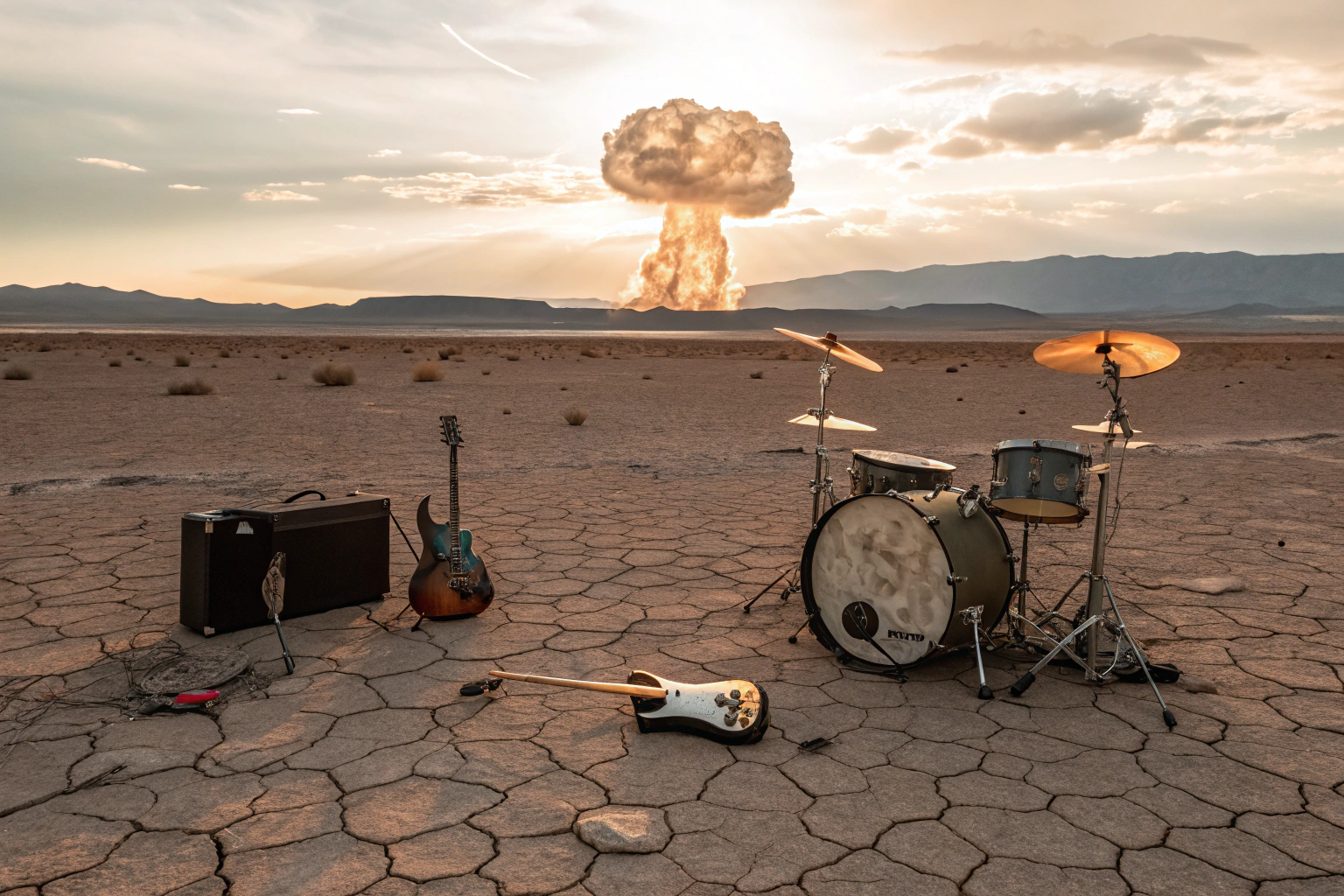 AI generated image by Red Panda AI: 
A nuclear bomb has exploded, in a desert all cracked and in the foreground there is a guitar, a bass and a drum set destroyed by the explosion.