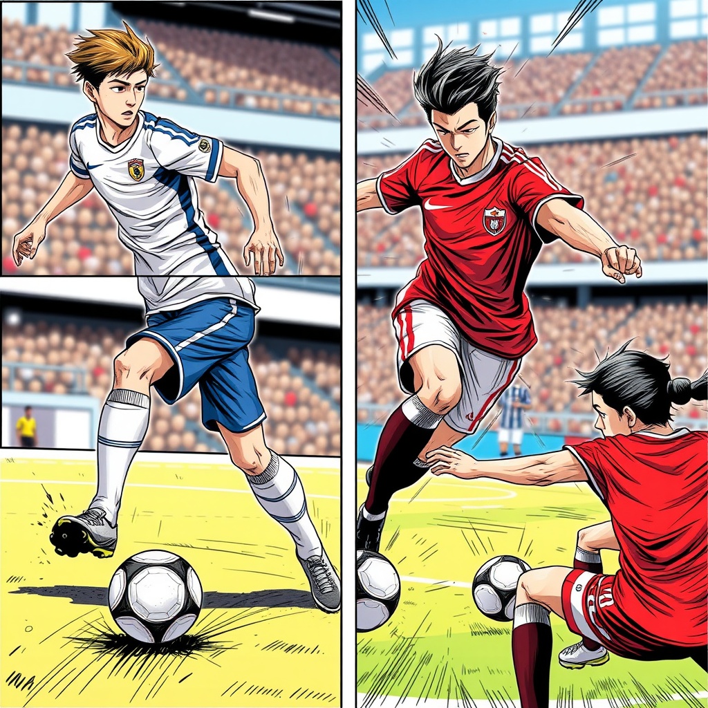 AI generated image by FLUX.1-schnell: Create a manga-style panel sequence depicting an intense soccer action scene. In the first panel, a soccer player in a modern jersey (white and blue accents) performs a feint, showing focus and agility as they outmaneuver a defender in a red jersey. The second panel captures the moment they dribble past the defender, emphasizing motion with speed lines, dynamic angles, and dramatic shading. The third panel shows the player delivering a precise pass, with the ball in motion and teammates visible in the background. The setting is a vivid soccer field with a blurred stadium crowd, and the overall style includes detailed character expressions, bold linework, and the energy of a fast-paced match. Highlight the transitions between panels with manga effects like action lines and exaggerated movement details