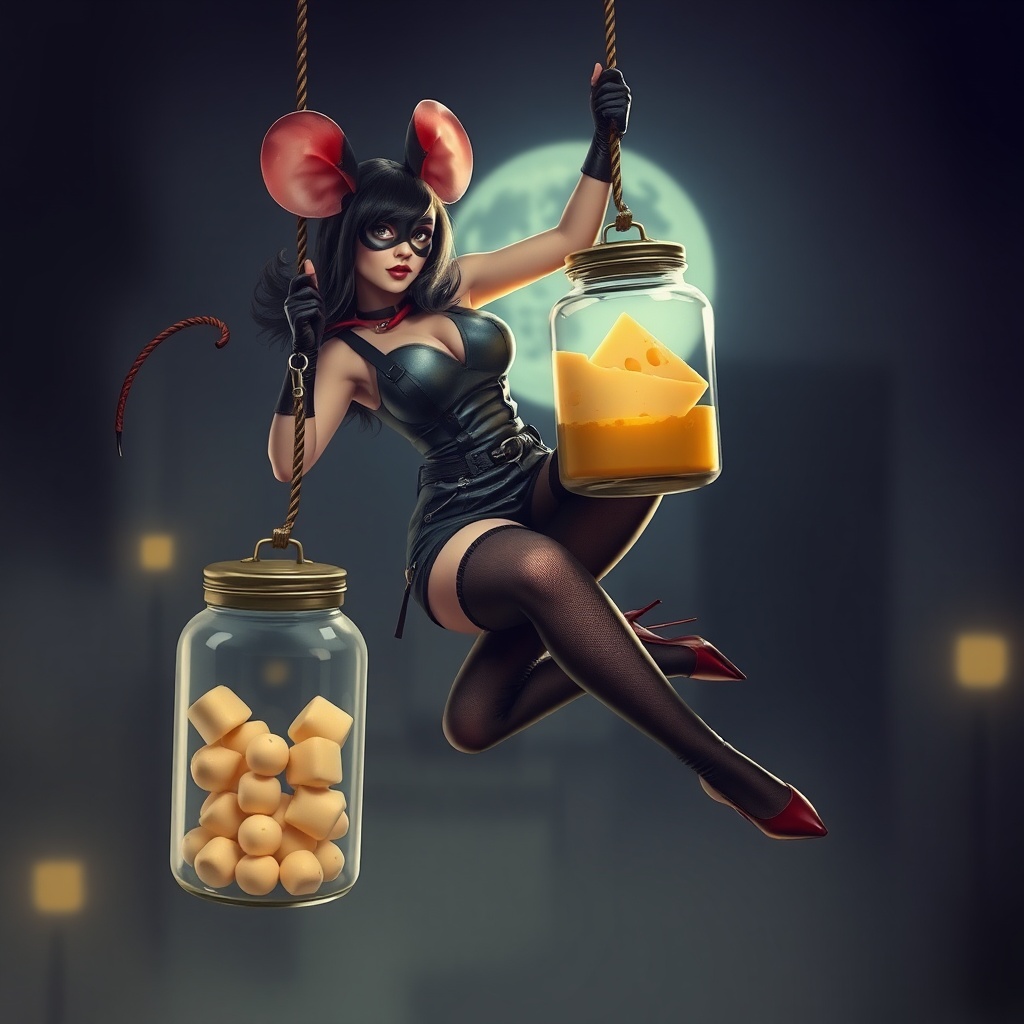 AI generated image by FLUX.1-schnell: a woman burglar in the style of a Marvel superhero dressed as a mouse, abseiling down a rope to get some cheese under a glass jar. she has suspenders and stockings and high heels. a heaving bosom. She looks alternative/punk