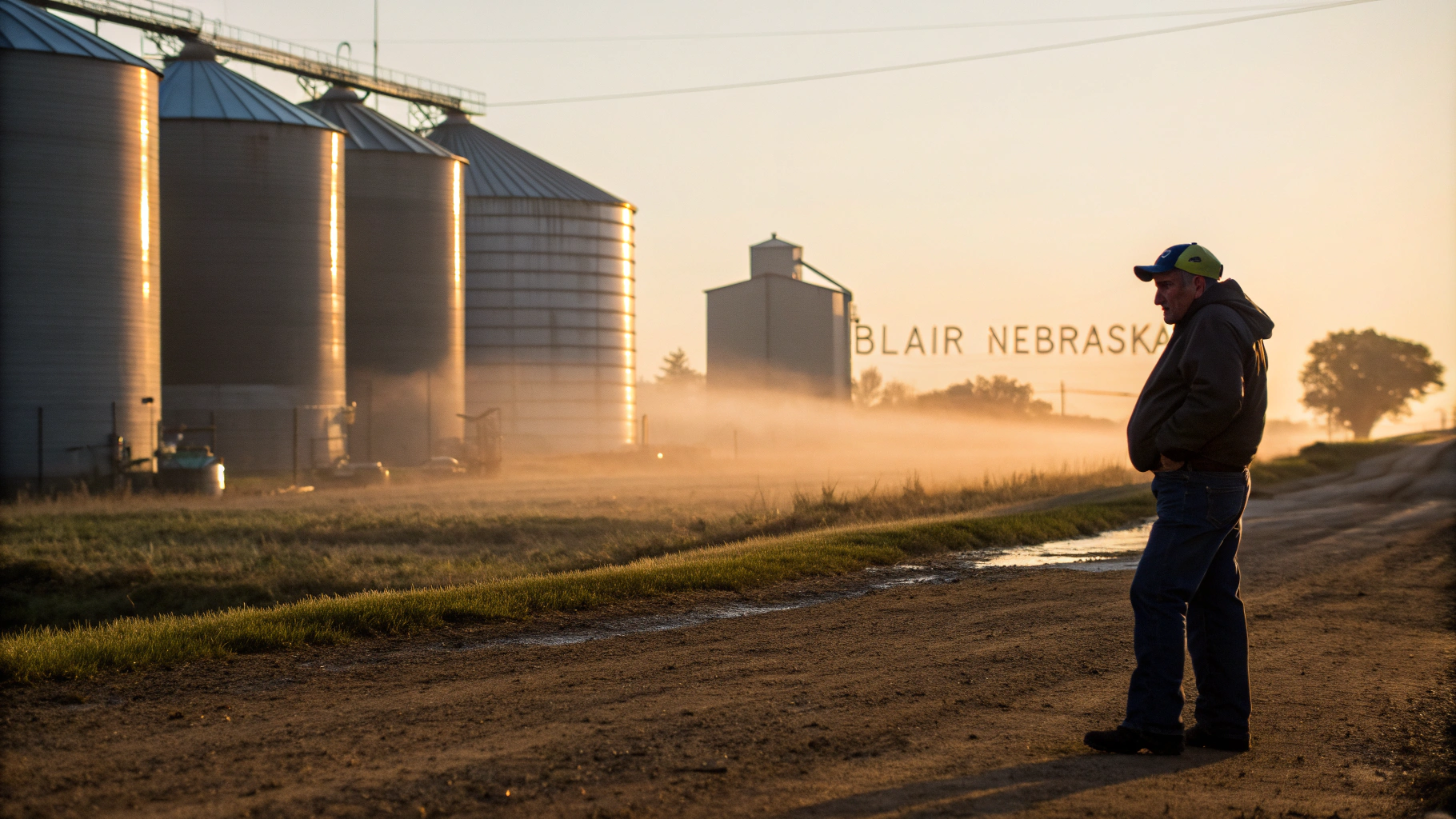 AI generated image by Red Panda AI: A weathered Nebraska farmer stands contemplatively against massive grain silos at dawn, soft golden morning light casting long shadows, "Blair Nebraska" grain elevator in background, mist rising, photojournalistic style, depth of field, Canon 5D, 50mm lens, dramatic lighting, rural America, award winning Reuters photo --ar 16:9 --style photographic