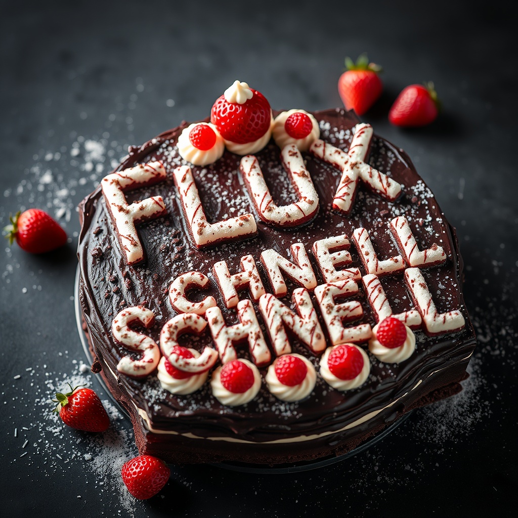 AI generated image by FLUX.1-schnell: black forest gateau cake spelling out the words "FLUX SCHNELL", tasty, food photography, dynamic shot