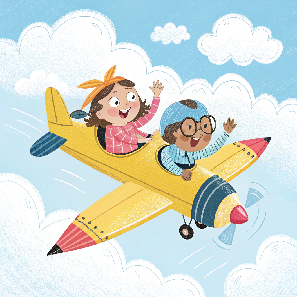 AI generated image by Red Panda AI: crea una imagen de dos niños en un avioncito de lápiz volando por el cielo