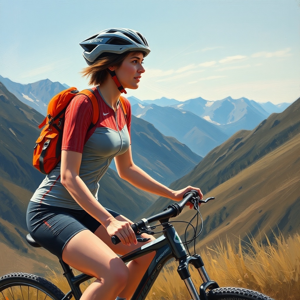 AI generated image by FLUX.1-schnell: Paint an oil picture of a sportive lady with short brown hair who loves to ride her bike in the mountains. The consistency of the mountains should be chocolate and candy.