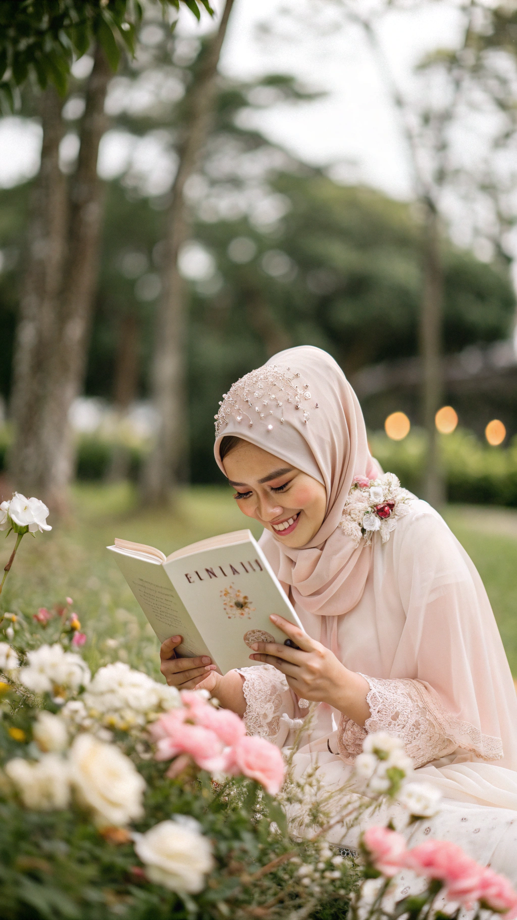 AI generated image by Red Panda AI: A serene outdoor setting featuring a young woman reading a book, surrounded by soft blooming flowers in pastel pink and white hues. She is wearing a delicate, light pink hijab adorned with floral embellishments, reflecting a sense of grace and tranquility. The woman is smiling gently as she engages with the book titled "Cintaku," showcasing a warm and inviting expression. The background includes a lush, green garden with hints of blurred trees and a soft focus on the environment, creating a dreamy, impressionistic aesthetic. The lighting is soft and natural, evoking a peaceful, cozy atmosphere perfect for reading.