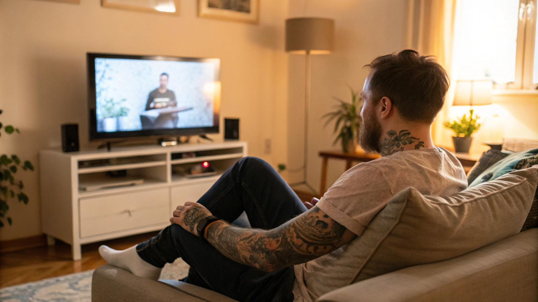 AI generated image by Red Panda AI: A cozy living room scene with a man sitting on a sofa, watching a Samsung TV. The man has visible tattoos on his arms and upper body. The TV screen displays a clear image. The scene is taken from a side angle, showing the man and the TV, with the tattoos on his arms clearly visible.