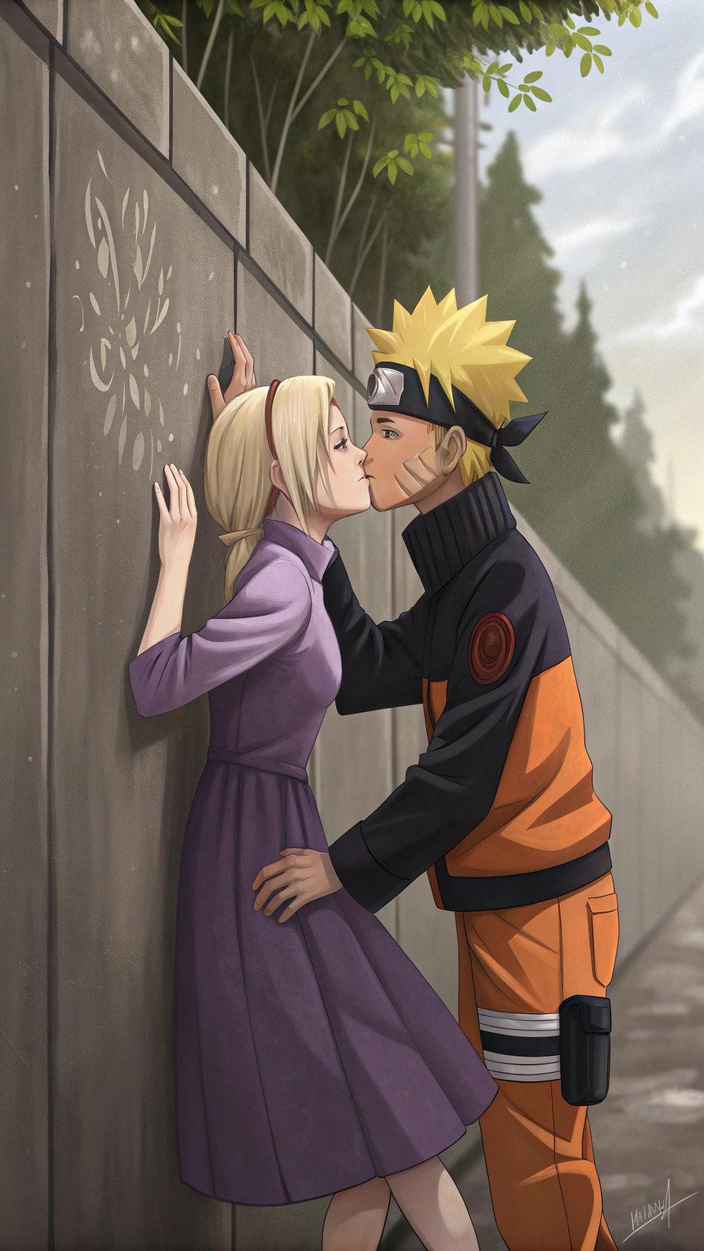 AI generated image by Red Panda AI: A scene from an anime where a sly Ino yamanaka wearing a purple dress is passionately kissing naruto against a wall