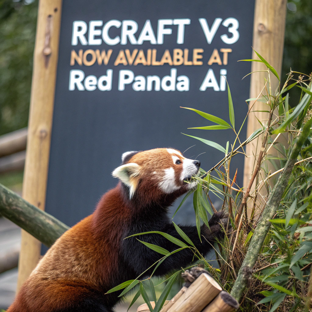 AI generated image by Red Panda AI: a red panda eating a bamboo in front of a poster that says "recraft V3 now available at red panda ai