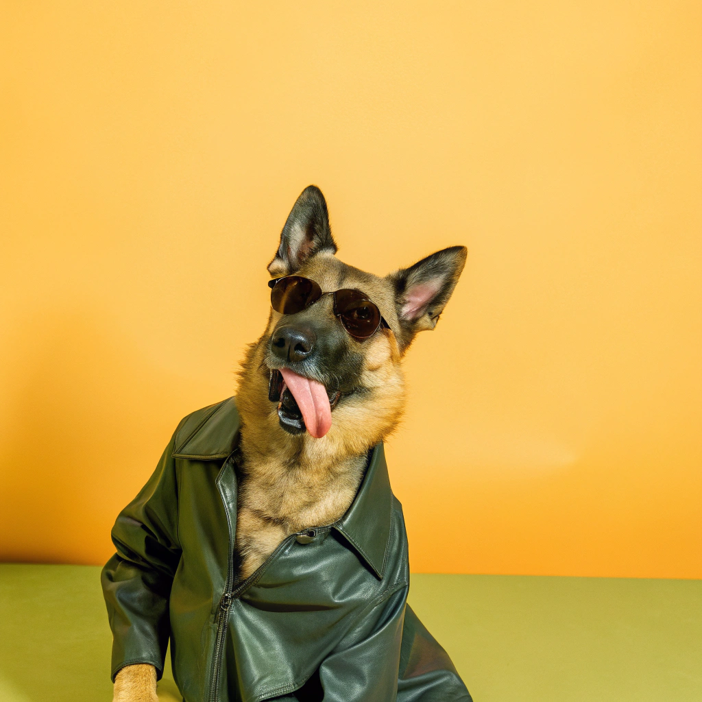 AI generated image by Red Panda AI: A cool German Shepherd dog in a leather jacket. The dog licks. Photo. General plan