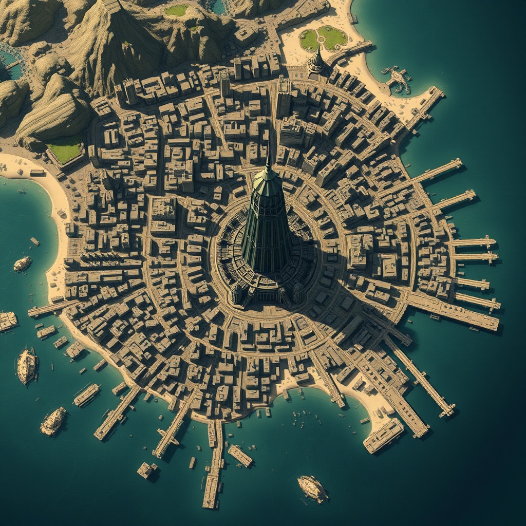 AI generated image by FLUX.1-schnell: TTRPG overhead map of sprawling city on the east coast of the continent with multiple social and economic districts. There should be a large onyx tower in the center and a dock district on the right side. Similar to maps made by WOTC.
