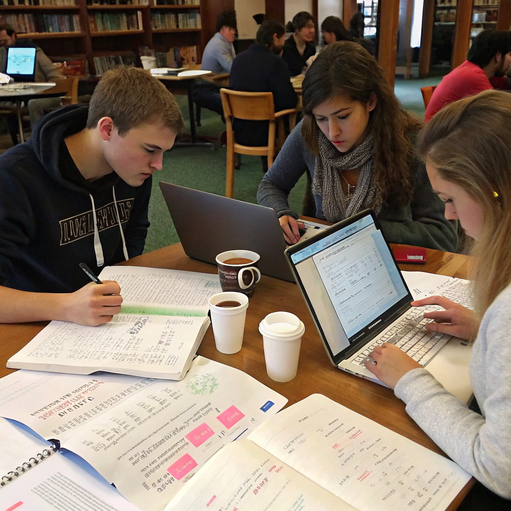 AI generated image by Red Panda AI: A group of students focused on studying for a Physics exam in the LEF. The table is cluttered with sheets of paper filled with notes, equations, and calculations, while steaming coffee mugs sit nearby, creating an atmosphere of intense work. The students are exchanging ideas and discussing concepts, with open books and laptops, highlighting their collaborative effort to prepare for the exam.