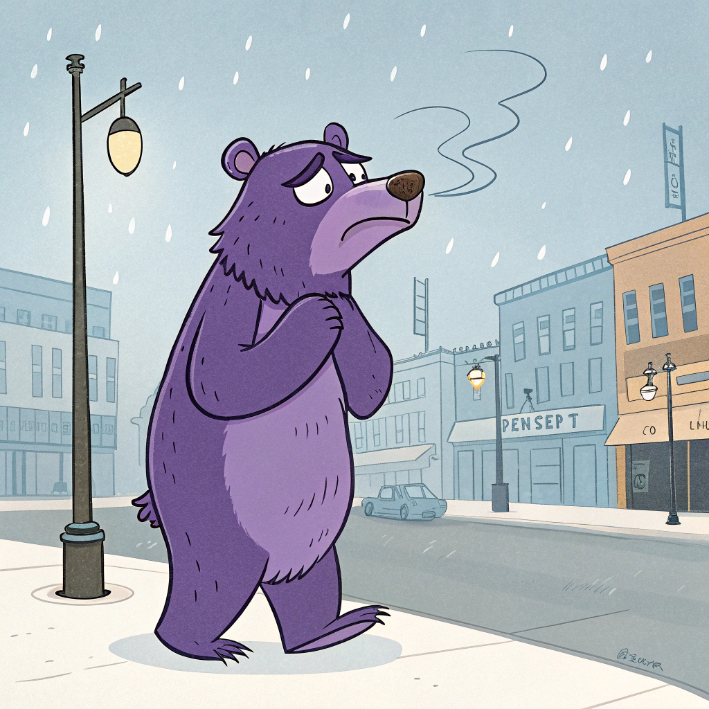 AI generated image by Red Panda AI: purple bear standing and shivering in the freezing cold outside on a downtown street in Blair, nebraska, the purple bear can see his breath in the air, it's frigid cold, it's freezing cold outside, the cartoon style bear is cold