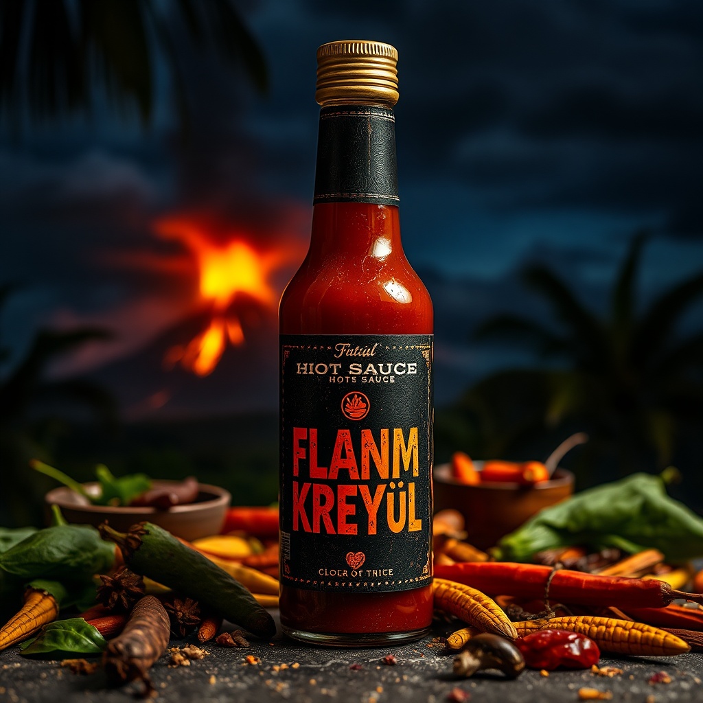 AI generated image by FLUX.1-schnell: A dramatic, nighttime Caribbean scene designed for the ‘Flanm Kreyòl’ hot sauce label. The label showcases a glowing volcano erupting in the distance, with ‘Flanm Kreyòl’ prominently displayed in a bold, rustic font that stands out against a dark, starry sky. This intense, mystical aesthetic reflects the sauce’s rich, fiery flavor. Position the bottle on an outdoor table surrounded by various spices and ingredients, capturing the essence of a Caribbean setting.
