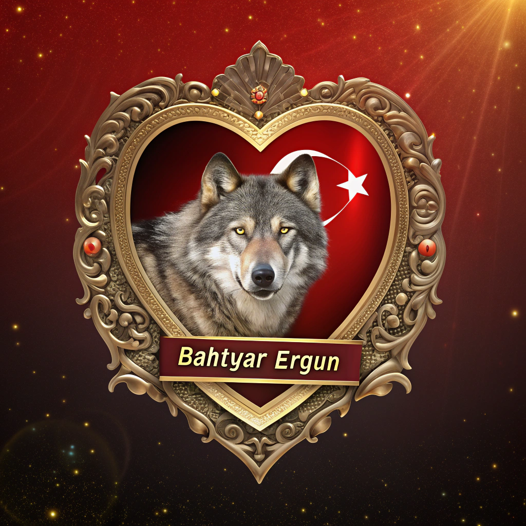 AI generated image by Red Panda AI: The hyper-realistic photograph of a grey wolf with an amber glow in its eyes is placed inside an ornate heart-shaped frame. The frame is placed on a rich gold banner with the text ‘Bahtiyar Ergün’. Above the frame is a dark red background with a gold gradient. The frame and banner have intricate metallic detailing, including ornate gold gilding and elements of the Turkish flag with a prominent crescent moon. The image has a dominant red and gold colour scheme with premium diamond highlights. The lighting is dramatic with golden shimmer effects.