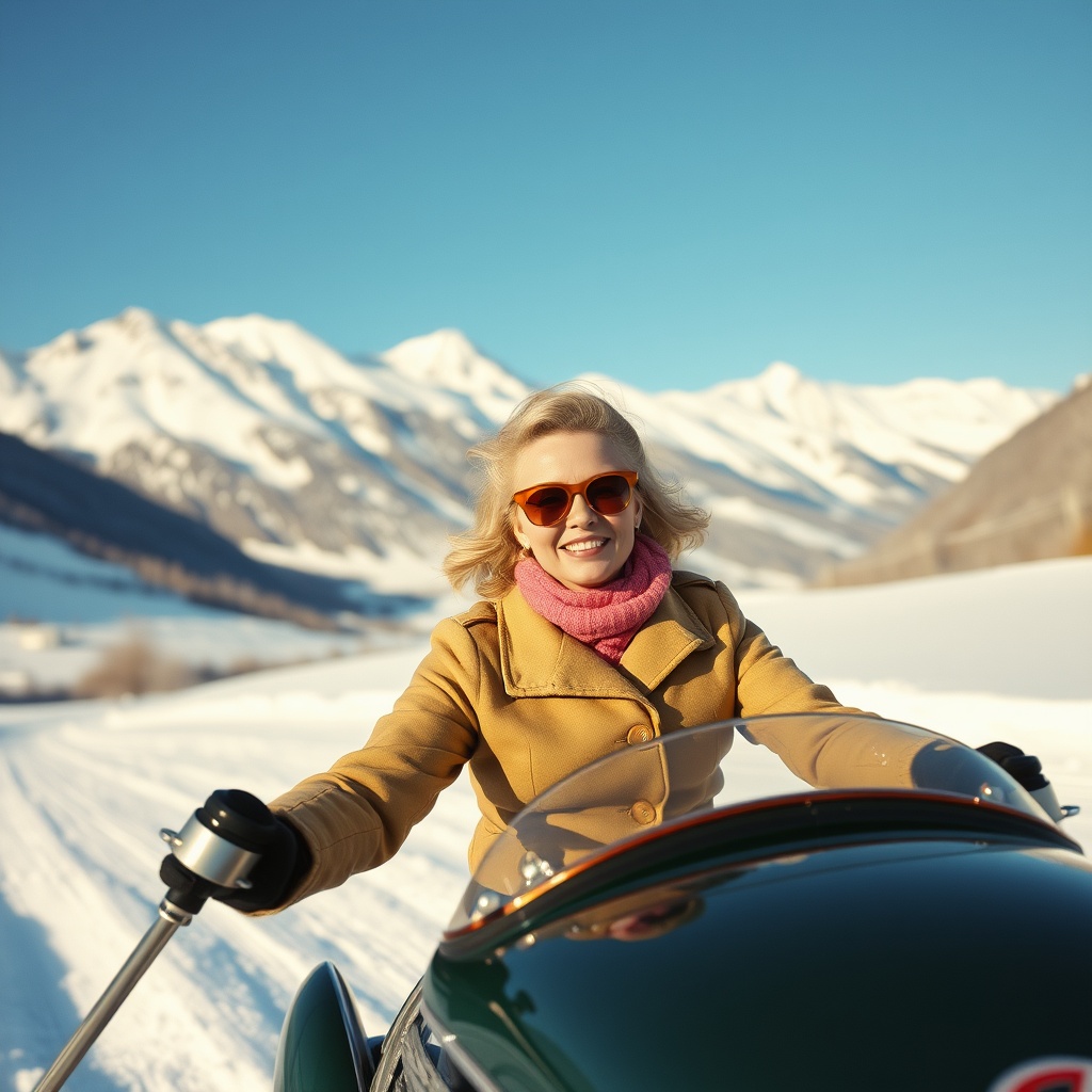 AI generated image by FLUX.1-schnell: Eine blonde Frau im Stil der 1950er Jahre fährt mit skiern über eine Skipiste ins Tal, im hintergrund schneebedeckte berge und blauer himmel