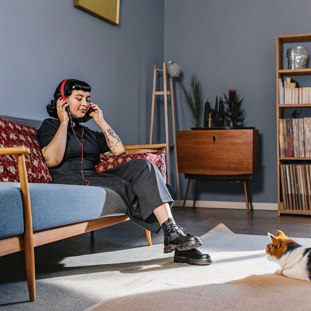 AI generated image by Red Panda AI: A photo realistic image of Sailor Moon in a '70s art Deco mid-century modern grooving area of a house dressed as a '90s emo edgy girl and listening to music with her cat