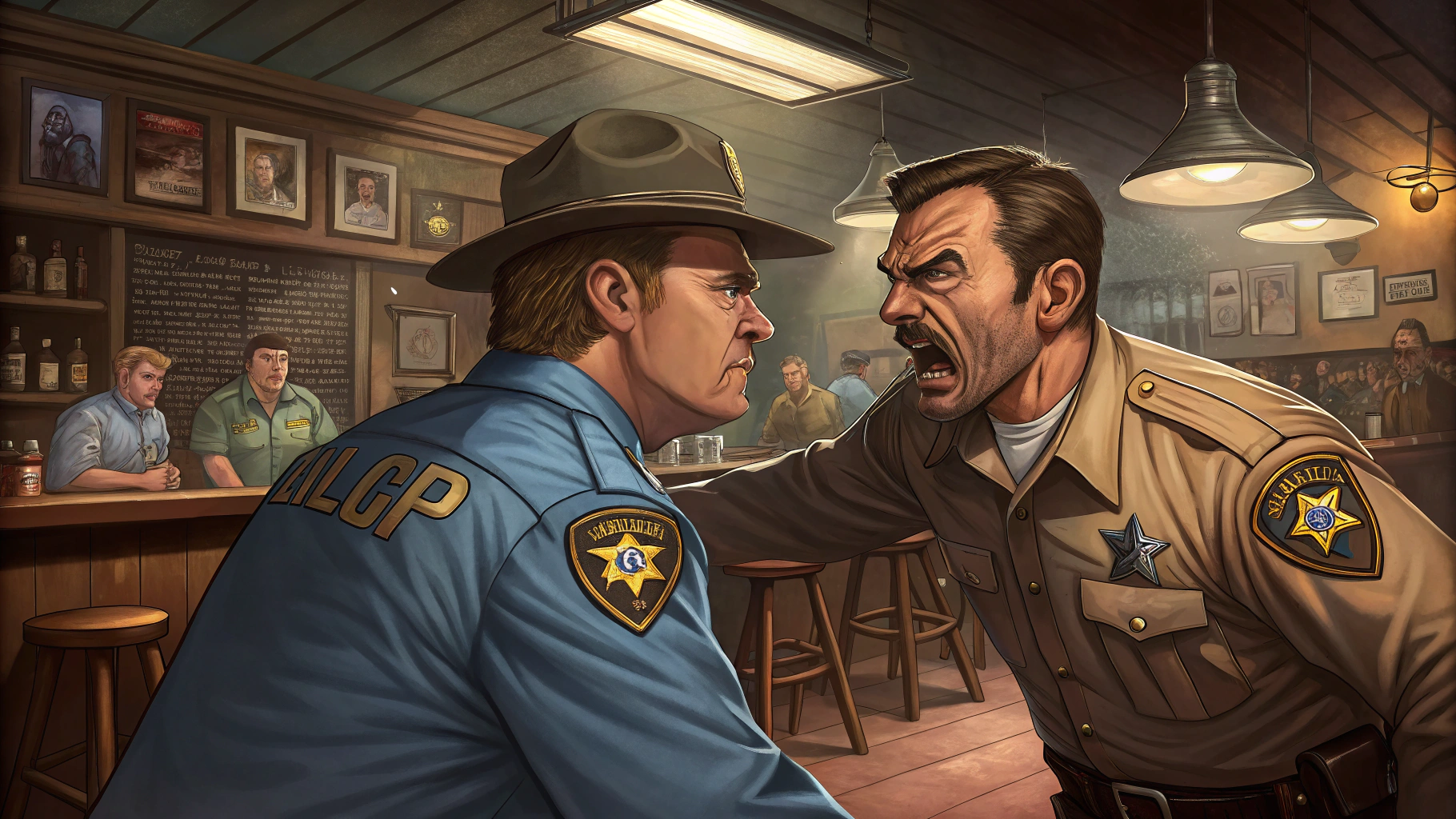 AI generated image by Red Panda AI: Fighting sheriffs at Cubby's in Washington County Nebraska