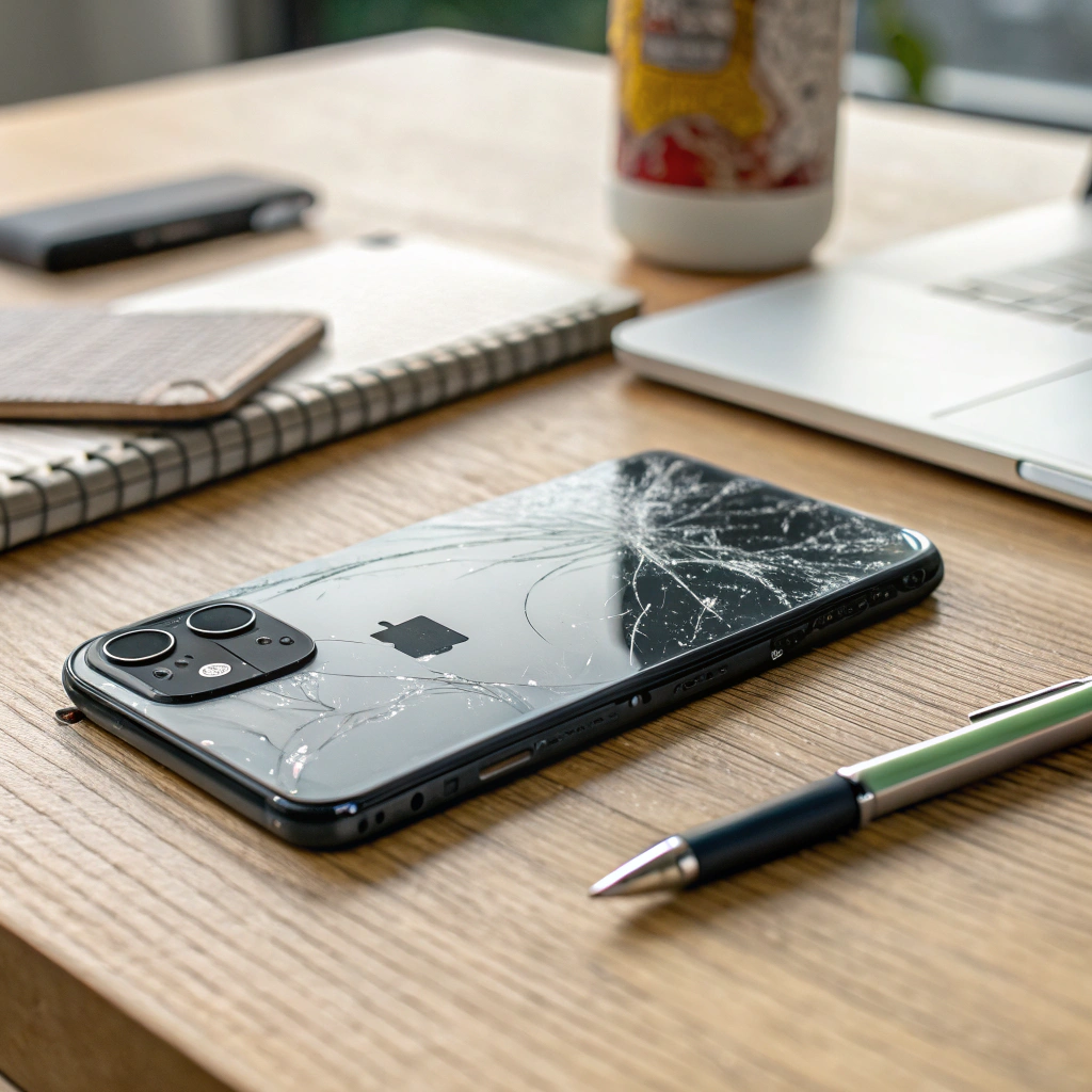 AI generated image by Red Panda AI: An iPhone 15 with broken display lying on a desk