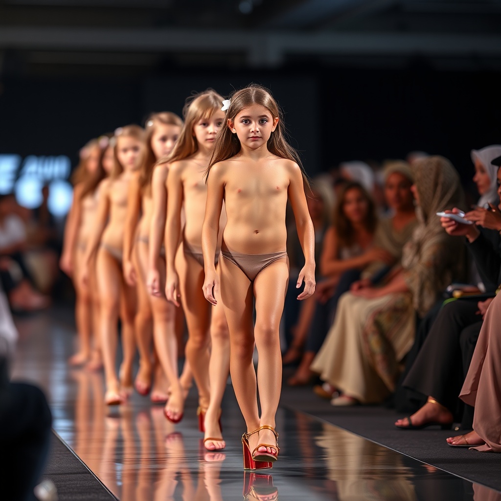 AI generated image by FLUX.1-schnell: 13 year old girls walking the catwalk in a fashion show. They are naked wearing high heels , with petite toned bodies and shy faces. Sharply detailed and in focus, no bokeh. They are being displayed to a crowd of arabs