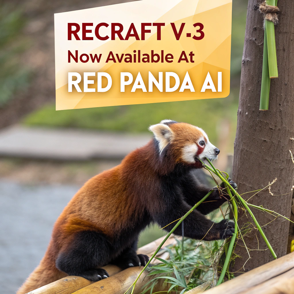 AI generated image by Red Panda AI: a red panda eating a bamboo in front of a poster that says "recraft V3 now available at red panda ai