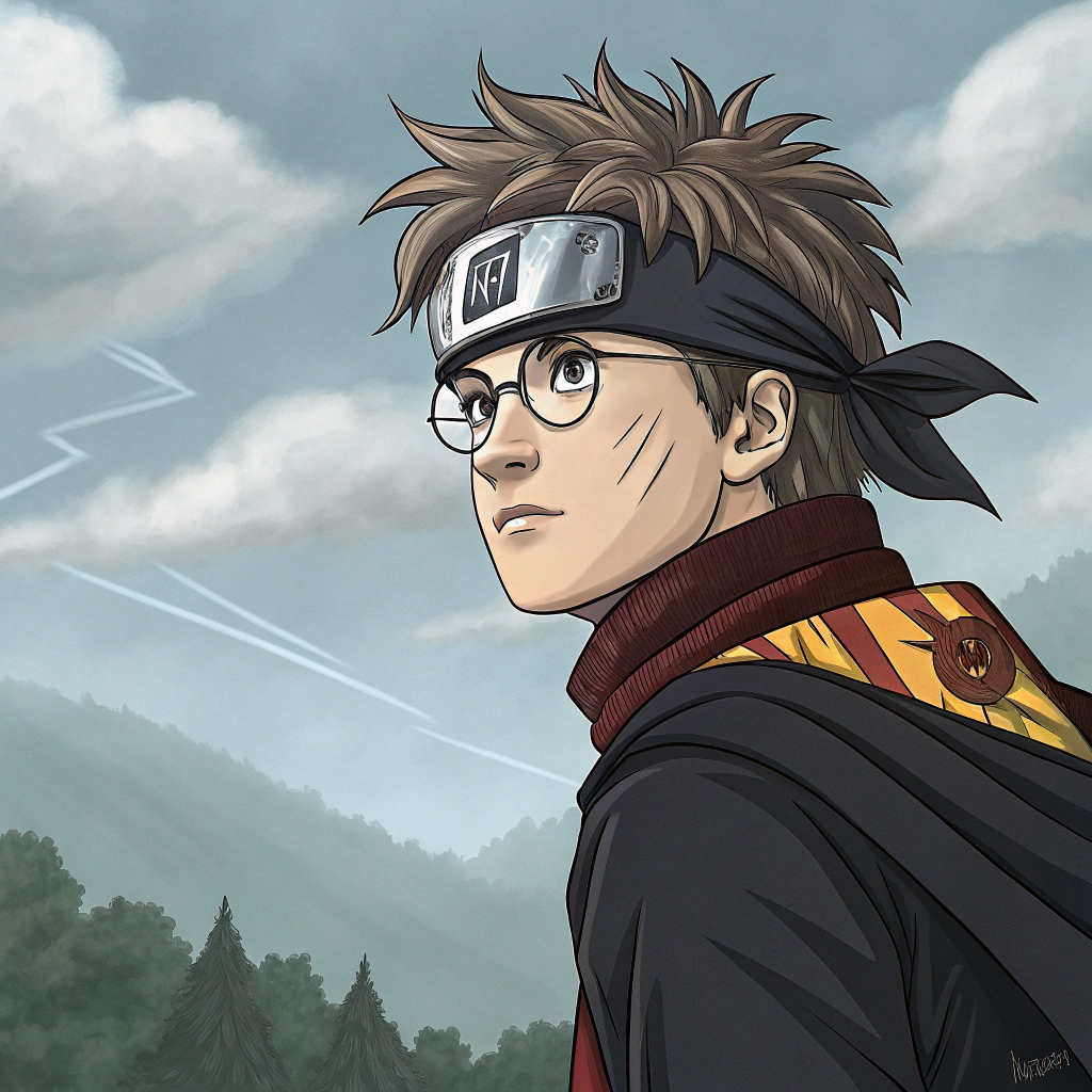 AI generated image by FLUX.1-schnell: Draw Harry Potter in the Naruto universe. Use the drawing from the anime Naruto Shippuden. Make him a Gryffendor badge on the bandage on his forehead.