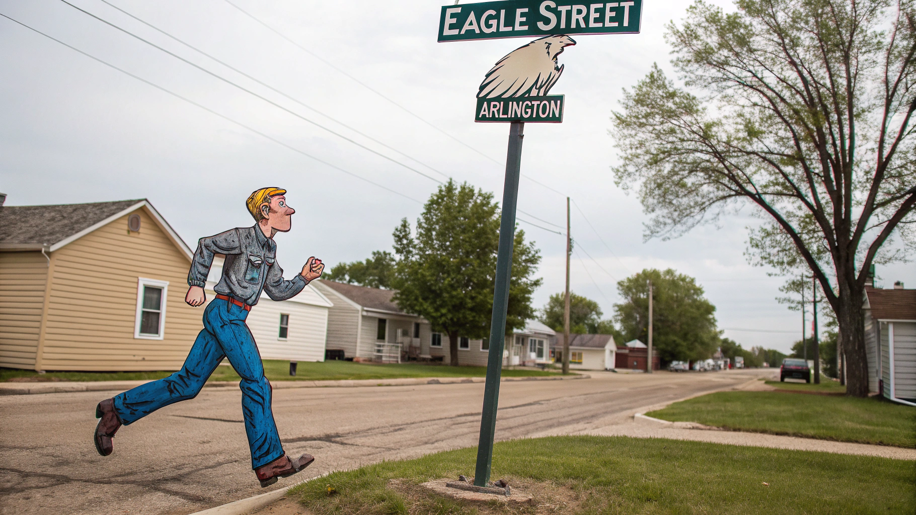 AI generated image by Red Panda AI: a guy wearing blue jeans, he is running next to a street sign that says "Eagle Street". The town is Arlington, Nebraska and maybe there is sign somewhere that says "Arlington", cartoon style