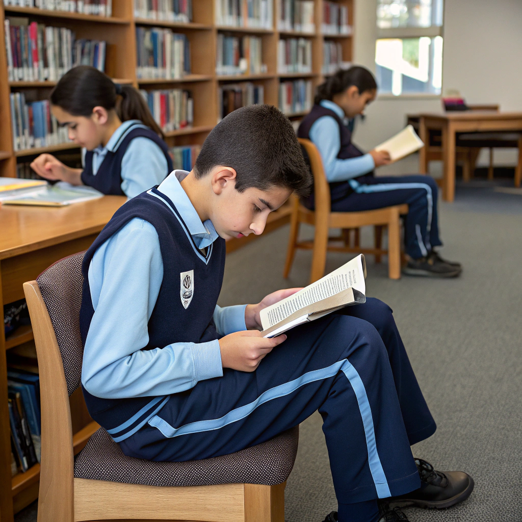 AI generated image by Red Panda AI: alumnos en una biblioteca leyendo, con un uniforme de camisa azul claro con un chaleco encima de color azul marino, un pantalón azul marino y zapatos negros