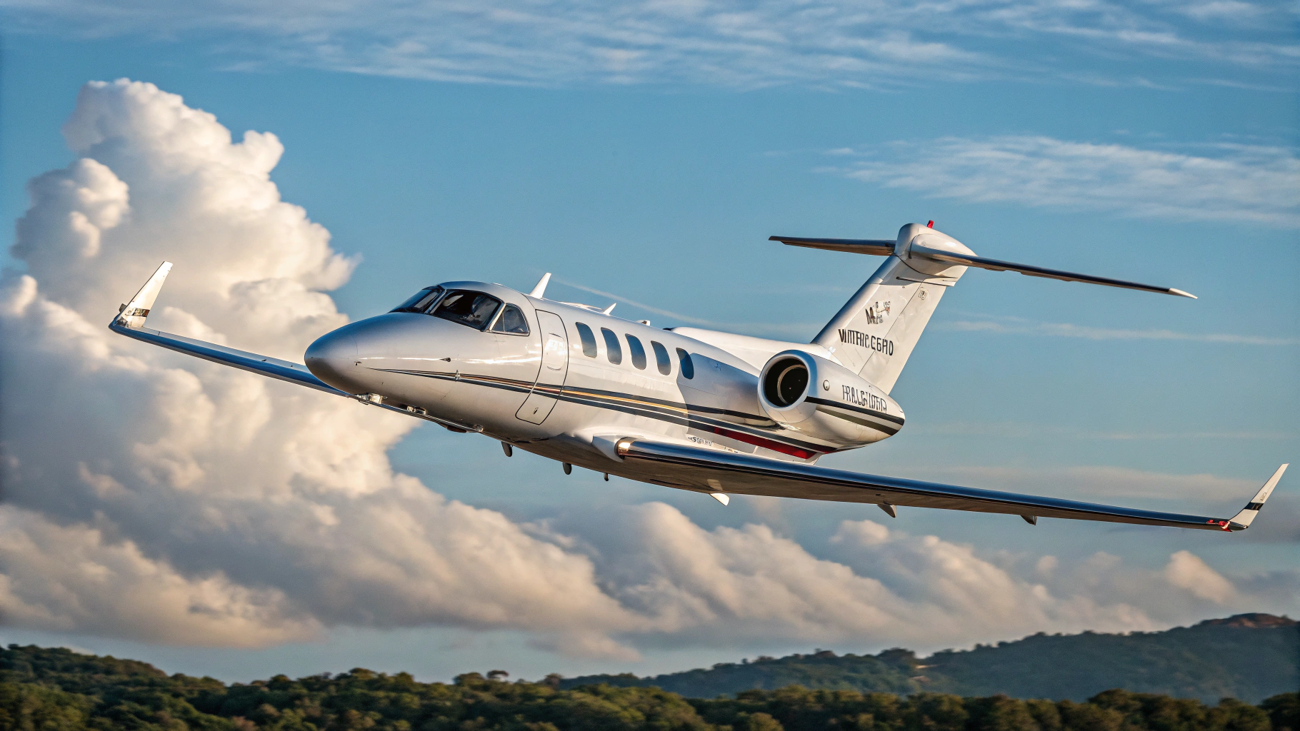 AI generated image by FLUX.1-schnell: Citation CJ3 Jet Aircraft mid flight