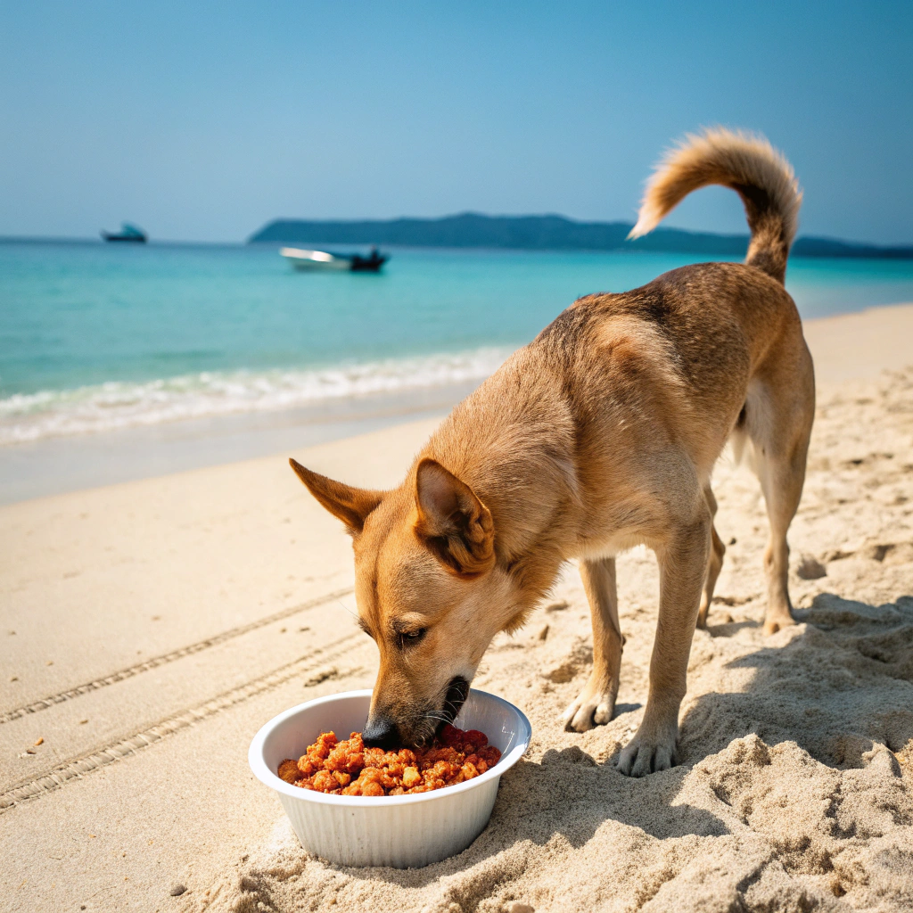 AI generated image by Red Panda AI: Perro comiendo en la playa