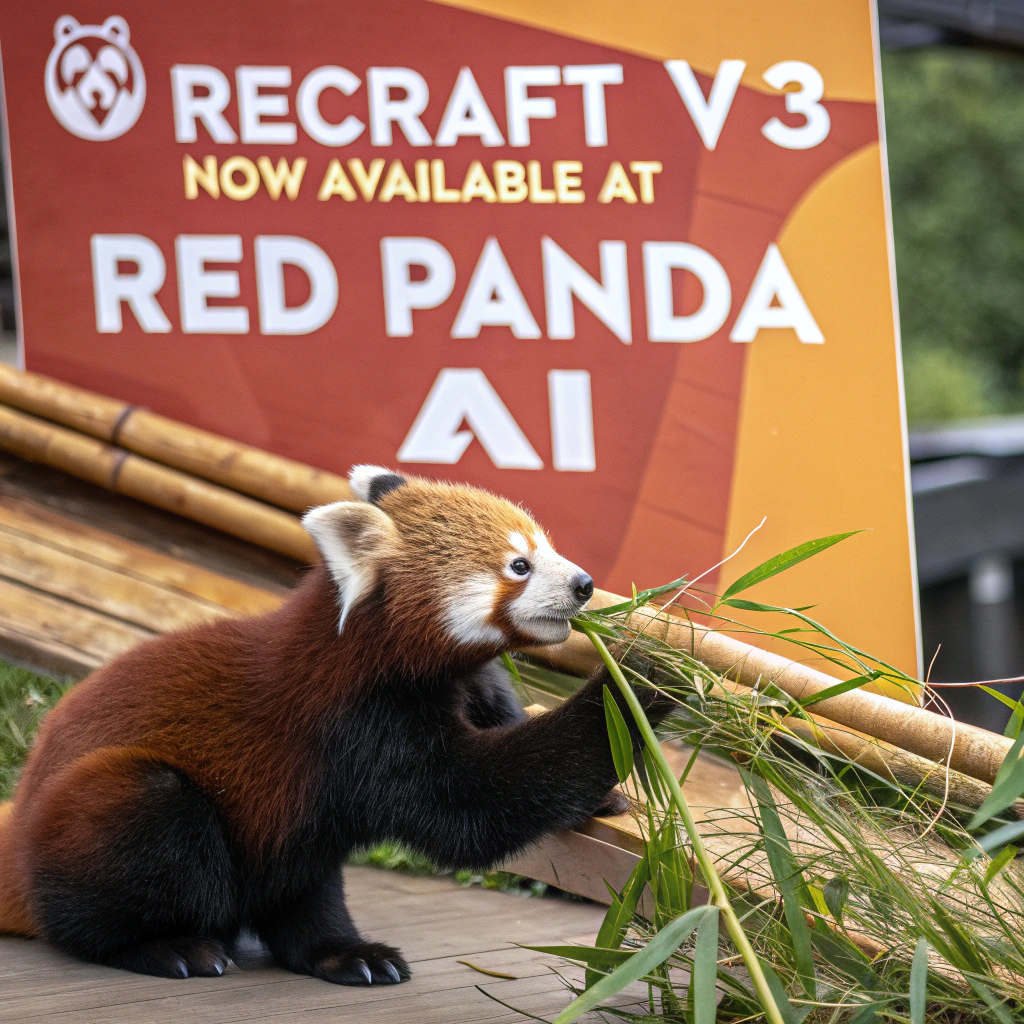 AI generated image by Red Panda AI: a red panda eating a bamboo in front of a poster that says "recraft V3 now available at red panda ai