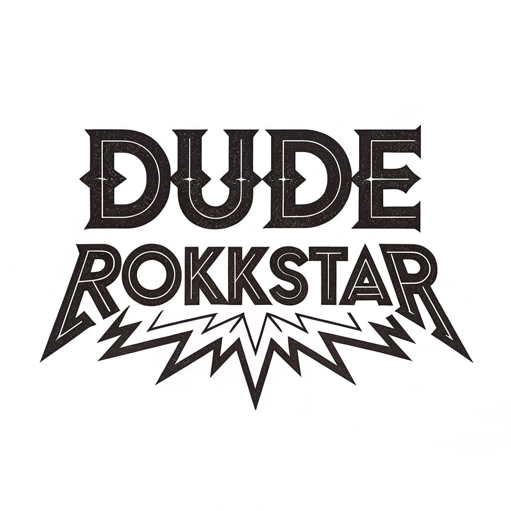 AI generated image by Red Panda AI: "Dude Rokkstar" logo in the font of a 1980s heavy metal band logo, on white background