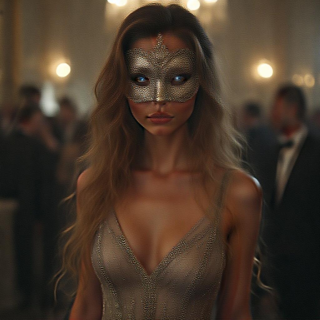 AI generated image by FLUX.1-pro: A sophisticated young woman at an elite masquerade ball, wearing an elegant silver mask partially covering her face. She is dressed in a long, form-fitting silver gown with sparkling details, highlighting her figure. Long wavy light brown hair with golden highlights, bronzed skin, piercing blue eyes glowing behind the mask. Her expression is mysterious and confident. Dim ambient lighting, luxurious setting with chandeliers and formally dressed guests in the blurred background. Cinematic lighting, high-fashion editorial style, ultra-realistic, bokeh effect.