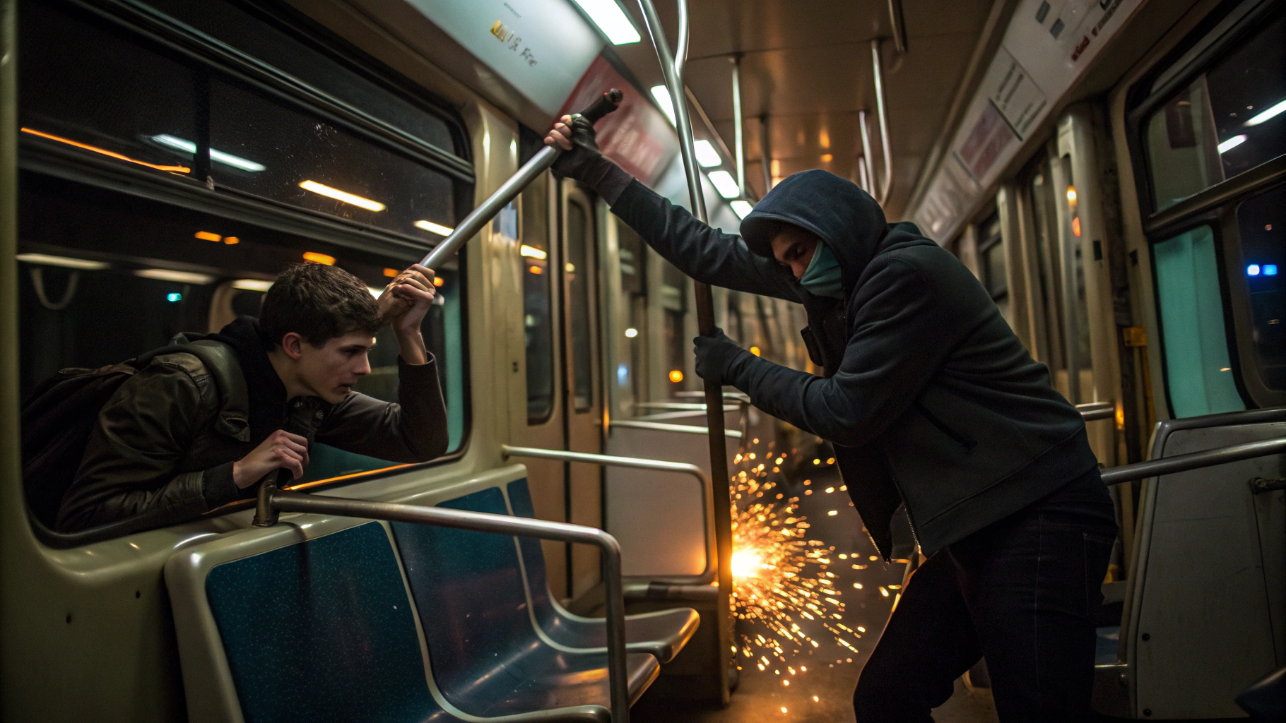 AI generated image by Red Panda AI: The interior of a dimly lit train car at night, showing a heated confrontation. The young man grabs a metal pole from the seat beside him and swings it in desperation as the shadowy figure lunges forward with a knife. Sparks fly as the pole strikes a metal railing, and the flickering lights heighten the chaos and tension in the scene