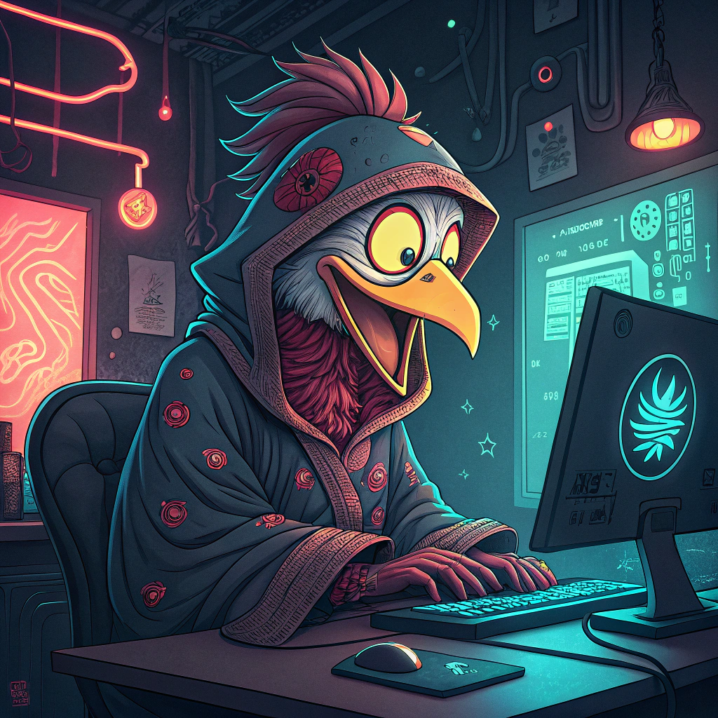 AI generated image by Red Panda AI: A tengu like the emoji 👺 with hacker vibes at a computer wearing a rumpled hakana, funny looking