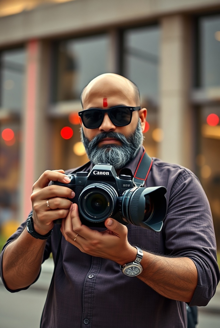 AI generated image by FLUX.1-schnell: a realistic photo of an Indian photographer holding a DSLR camera, bearded and bald, sunglasses, standing in front of a building with red lights